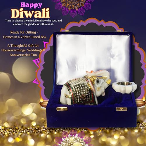 Diwali Gift Set with Handcrafted 5-Inch Marble Elephant & 3-Inch Marble Diya – Ideal for Home Decor, Vastu, Feng Shui