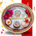 Marble Pooja Thali with Meenakari Work – 6 Inch Decorative Thali, Diya, Roli-Chandan Holder
