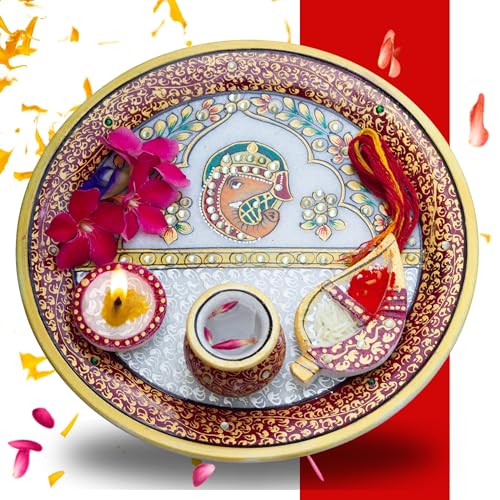 Marble Pooja Thali with Meenakari Work – 6 Inch Decorative Thali, Diya, Roli-Chandan Holder