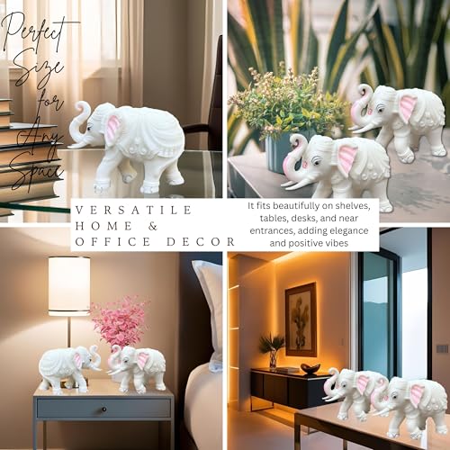 White Marble Elephant Statue Pair (5x6 Inches), Trunk Up Decorative Elephant Figurine for Home Entrance