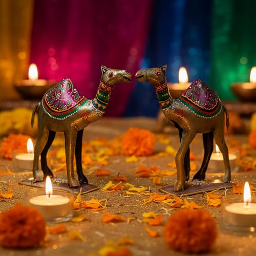Decorative Camel Statue Set of 2 | Vastu Approved Hand Painted Meenakari Iron Showpiece | Rajasthani Folk Art for