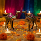 Decorative Camel Statue Set of 2 | Vastu Approved Hand Painted Meenakari Iron Showpiece | Rajasthani Folk Art for