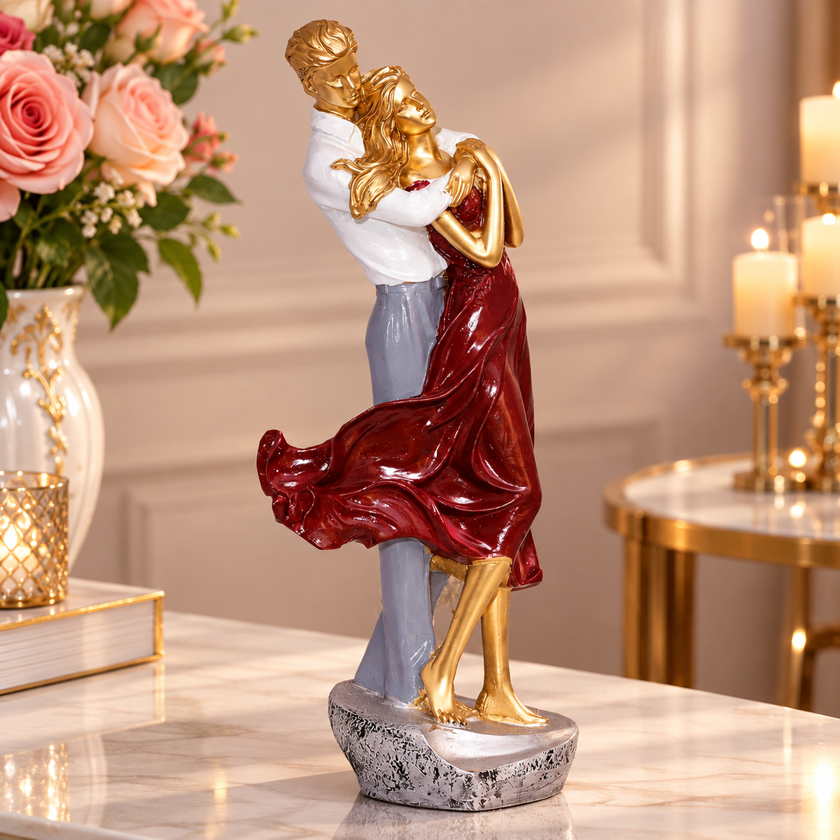 Romantic Couple Showpiece – Elegant Gold & Burgundy Resin Couple Statue for Home Decor, Anniversary & Wedding Gift