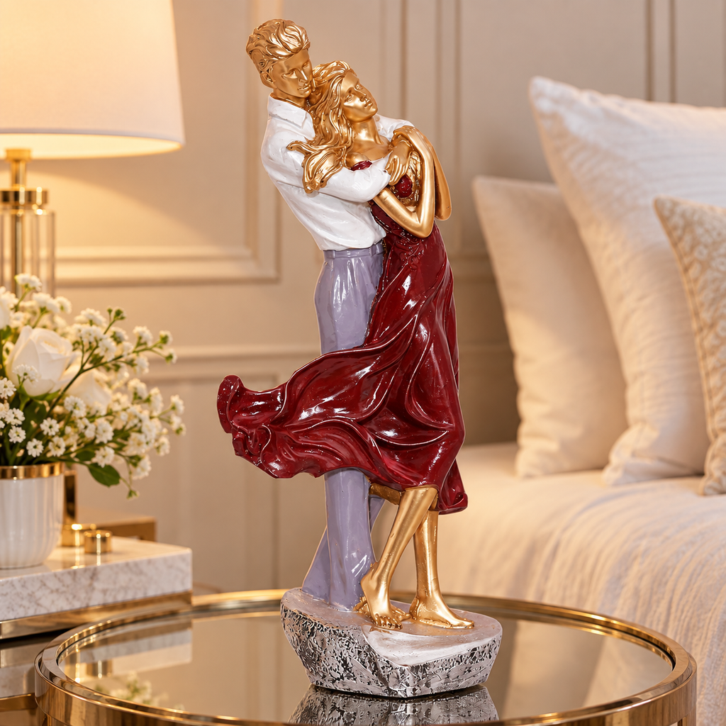 Romantic Couple Showpiece – Elegant Gold & Burgundy Resin Couple Statue for Home Decor, Anniversary & Wedding Gift