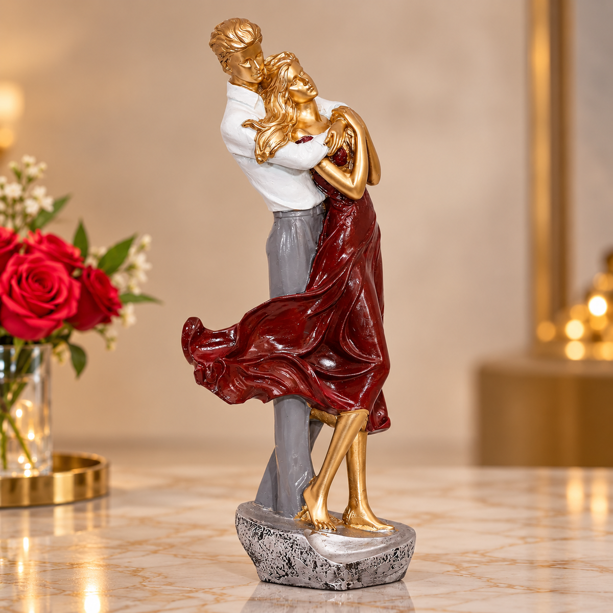 Romantic Couple Showpiece – Elegant Gold & Burgundy Resin Couple Statue for Home Decor, Anniversary & Wedding Gift