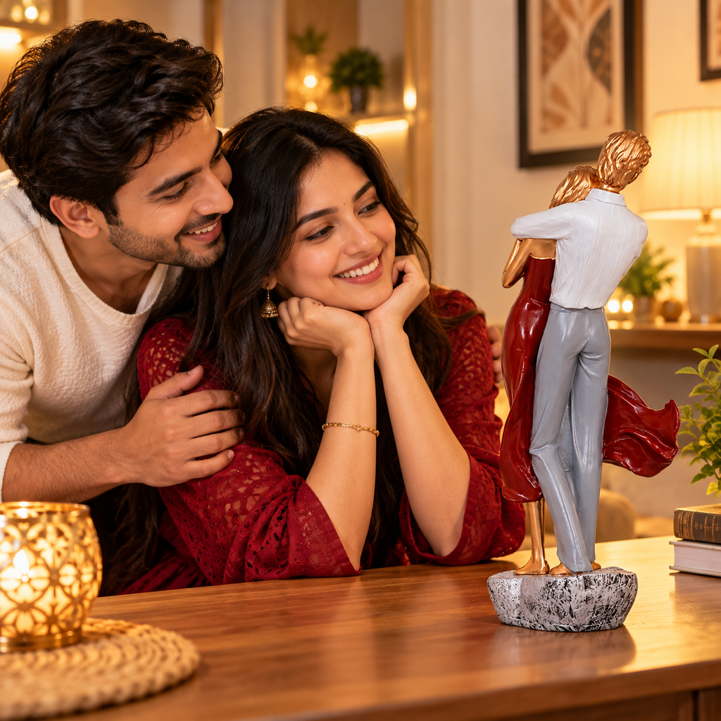 Romantic Couple Showpiece – Elegant Gold & Burgundy Resin Couple Statue for Home Decor, Anniversary & Wedding Gift