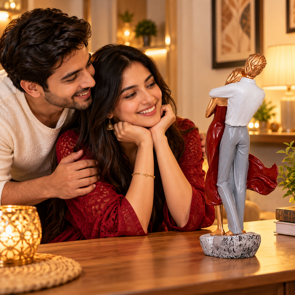 Romantic Couple Showpiece – Elegant Gold & Burgundy Resin Couple Statue for Home Decor, Anniversary & Wedding Gift
