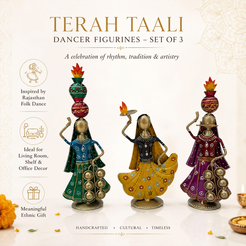 Terah Taali Dance Doll Showpiece Set of 3 for Home Decor | 13 Inch Iron Metal Rajasthani Folk Dancer Figurines | Hand