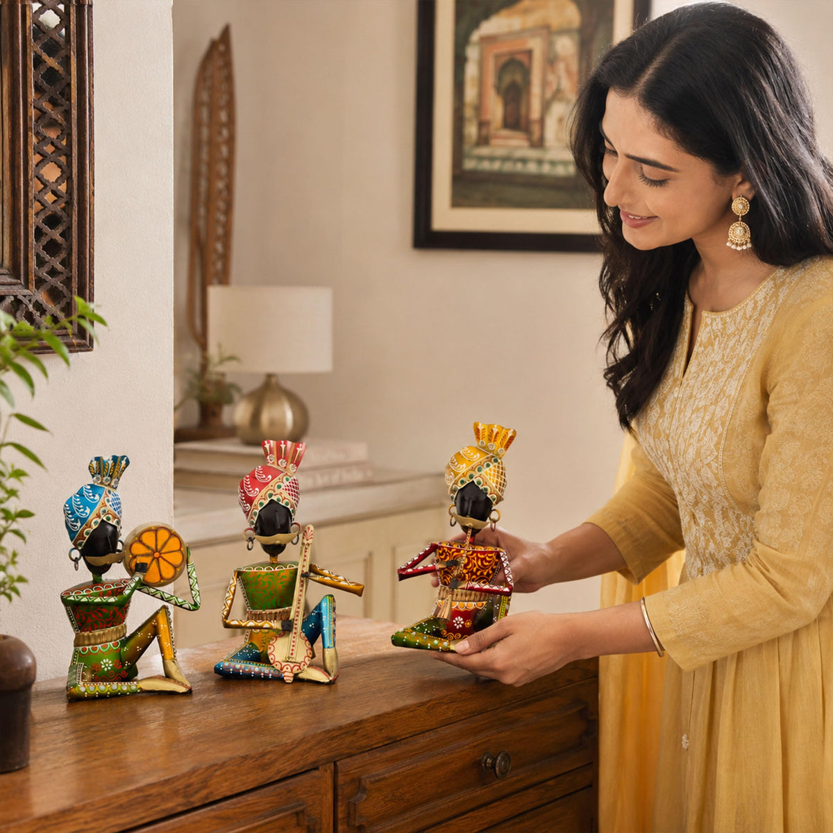 Rajasthani Bawla Musician Showpiece Set of 3 for Home Decor | Iron Metal Folk Artist Statue with Instruments | Hand