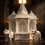 Heavy White Elephant Pair for Mandir Base & Home Temple Decor | 8x9 inch Solid Marble Dust Resin Elephant Statues for Corian Mandir Entrance | Vastu Showpiece Set for Living Room
