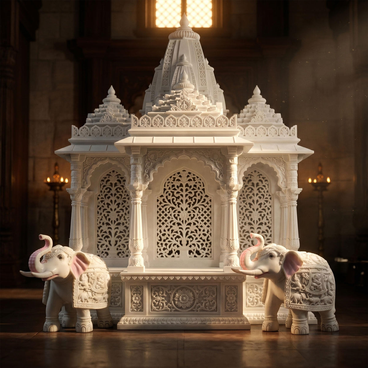 Heavy White Elephant Pair for Mandir Base & Home Temple Decor | 8x9 inch Solid Marble Dust Resin Elephant Statues for Corian Mandir Entrance | Vastu Showpiece Set for Living Room