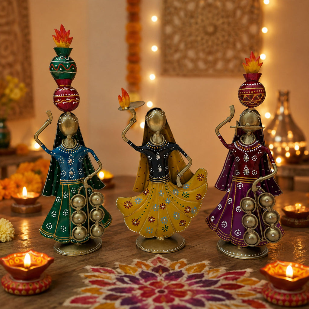 Terah Taali Dance Doll Showpiece Set of 3 for Home Decor | 13 Inch Iron Metal Rajasthani Folk Dancer Figurines | Hand