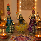 Terah Taali Dance Doll Showpiece Set of 3 for Home Decor | 13 Inch Iron Metal Rajasthani Folk Dancer Figurines | Hand