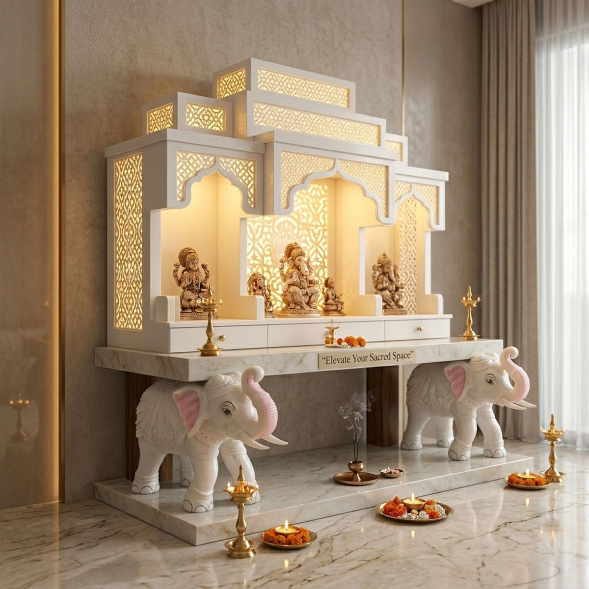 Heavy White Elephant Pair for Mandir Base & Home Temple Decor | 8x10.5 inch Solid Marble Dust Resin Elephant Statues