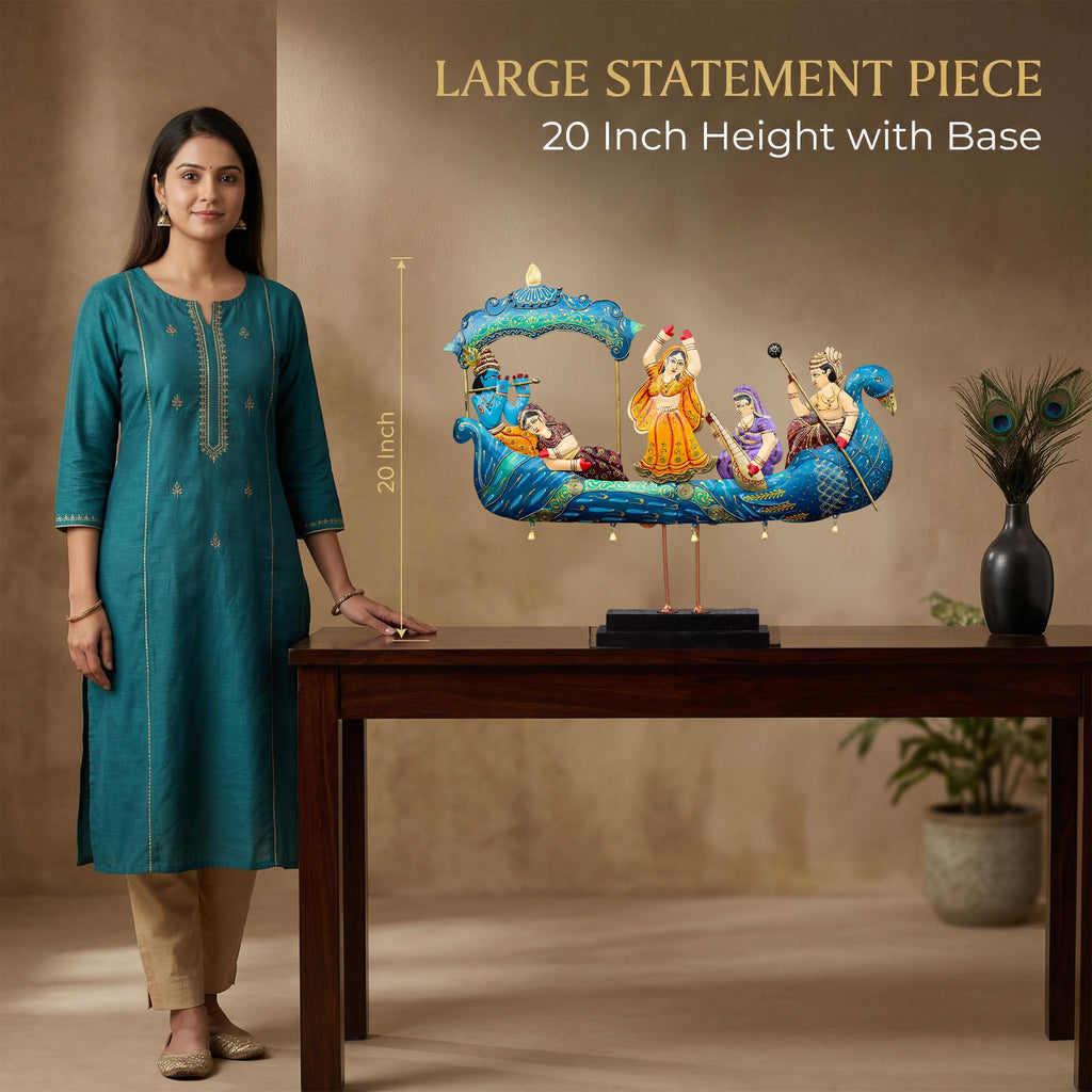 Radha Krishna Nauka Vihar Showpiece for Home Decor Wall Hanging & Tabletop | Metal Peacock Boat Raas Leela Statue with