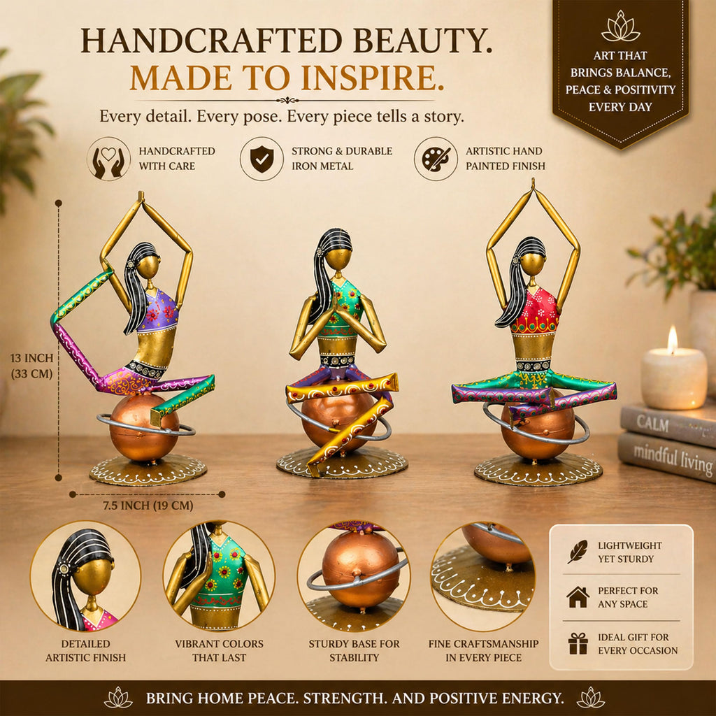 Set of 3 Yoga Lady Figurines – Handmade Iron Metal Showpieces for Home, Living Room, Office & Meditation Decor