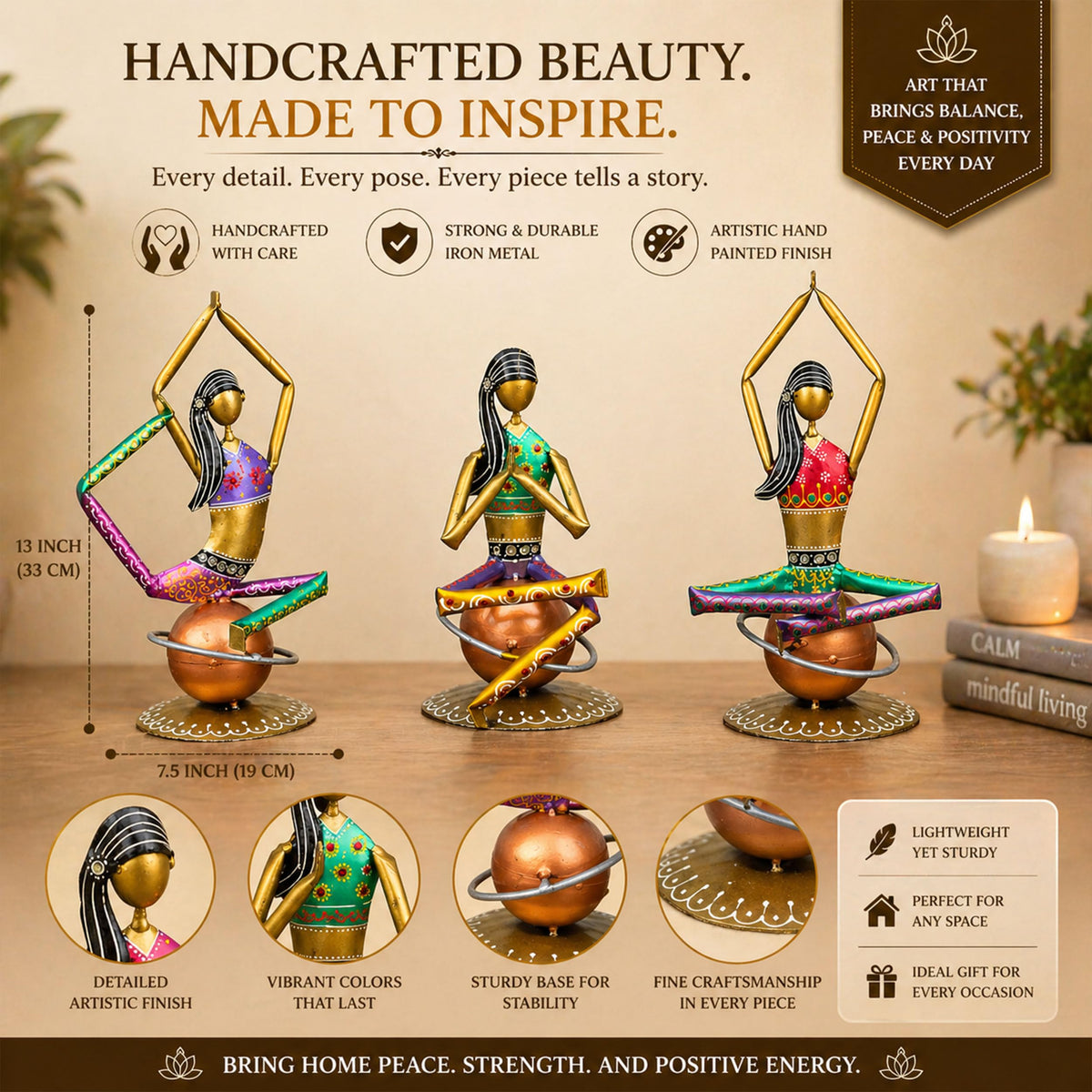 Set of 3 Yoga Lady Figurines – Handmade Iron Metal Showpieces for Home, Living Room, Office & Meditation Decor