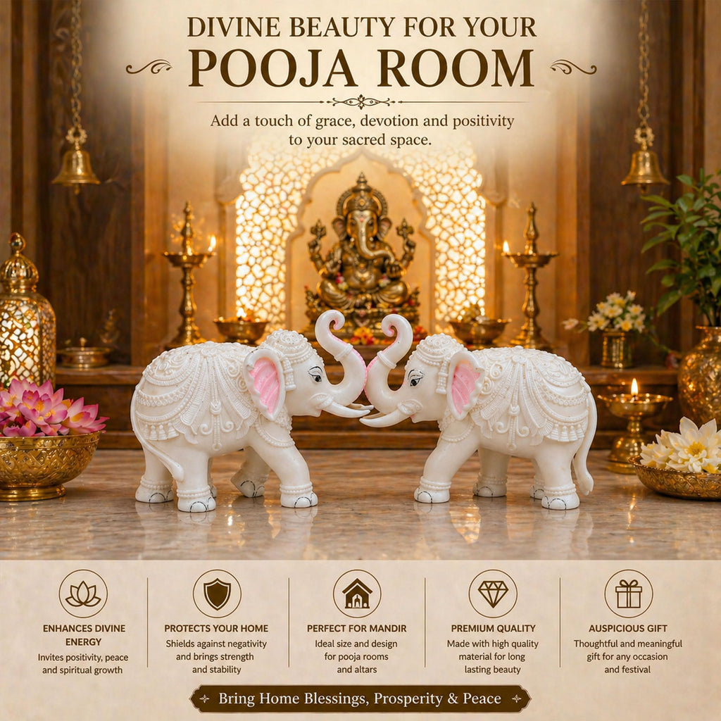 Heavy White Elephant Pair for Mandir Base & Home Temple Decor | 8x10.5 inch Solid Marble Dust Resin Elephant Statues