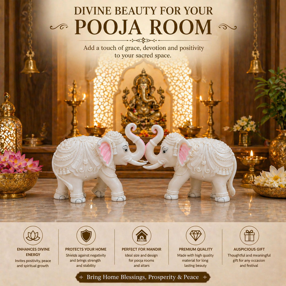 Heavy White Elephant Pair for Mandir Base & Home Temple Decor | 8x10.5 inch Solid Marble Dust Resin Elephant Statues