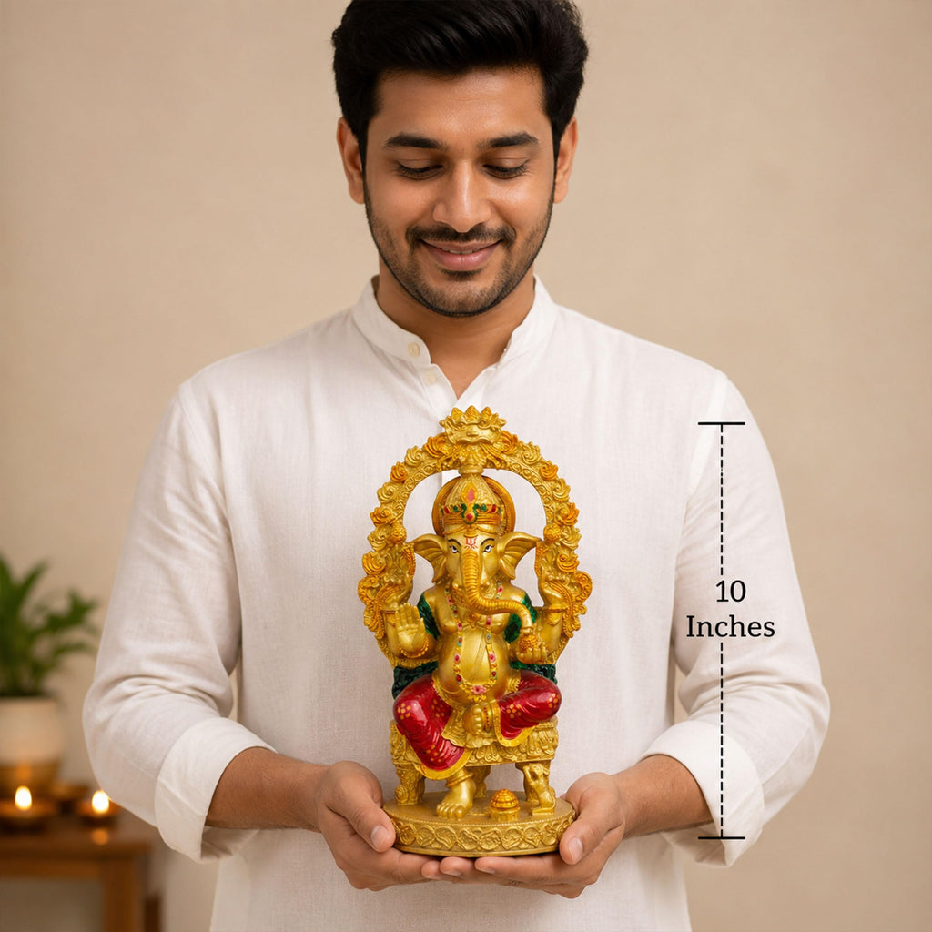 Gold Lord Ganesha Idol for Home Mandir Decor | 10 Inch Lacquer Coated Resin Ganpati Statue on Throne | Vinayaka Murti
