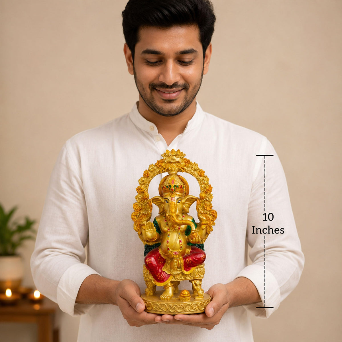 Gold Lord Ganesha Idol for Home Mandir Decor | 10 Inch Lacquer Coated Resin Ganpati Statue on Throne | Vinayaka Murti