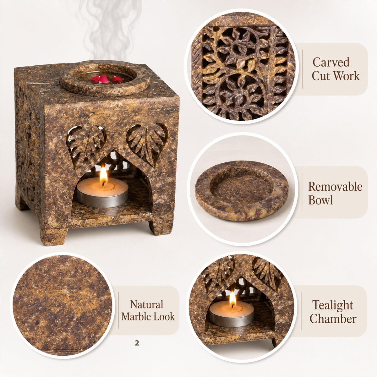 Marble Tealight Diffuser for Home Spa Office | 20 ml Oil & 4 Candles
