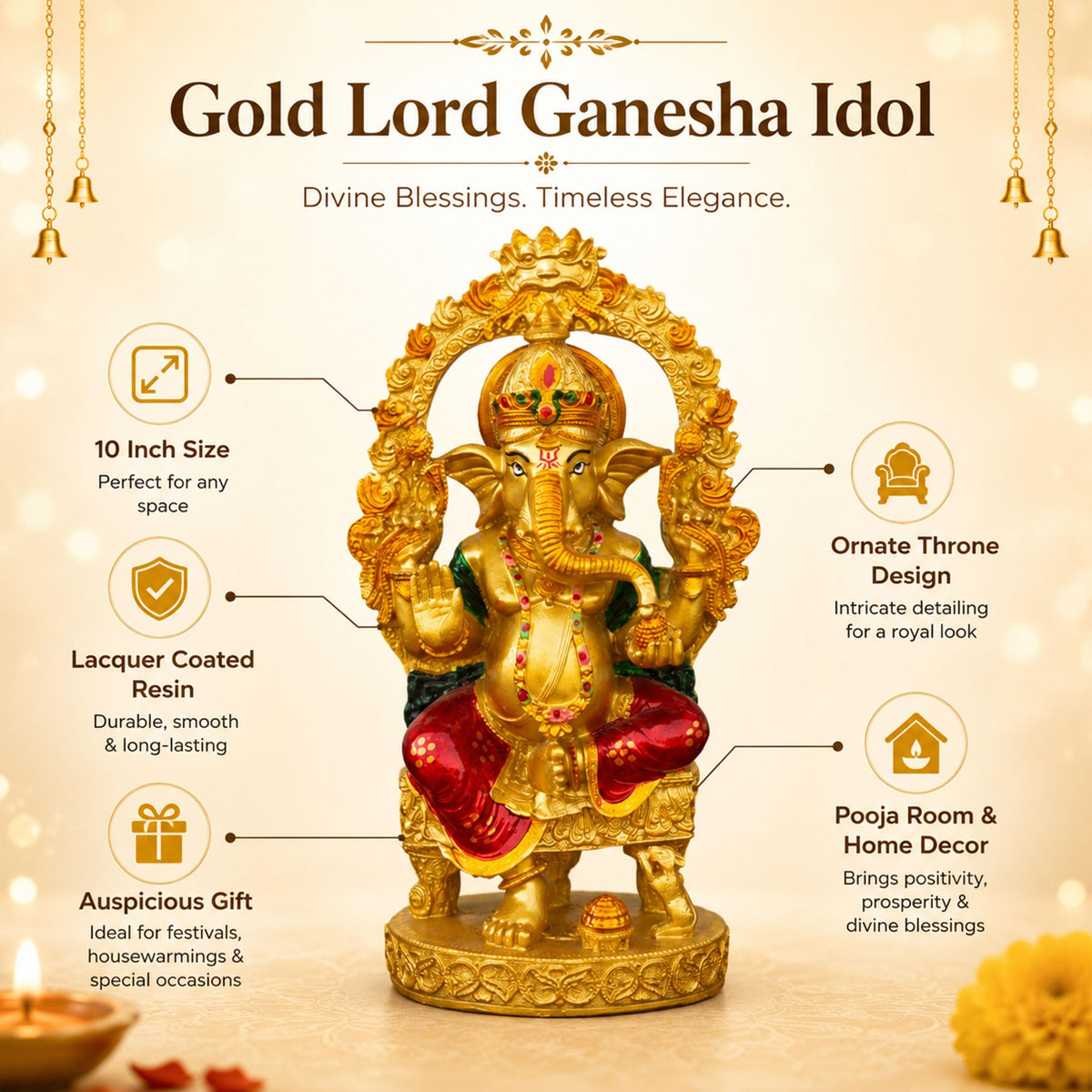 Gold Lord Ganesha Idol for Home Mandir Decor | 10 Inch Lacquer Coated Resin Ganpati Statue on Throne | Vinayaka Murti