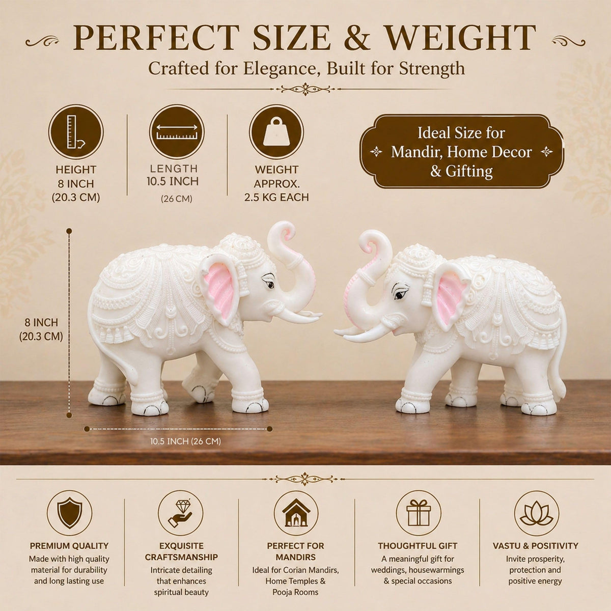 Heavy White Elephant Pair for Mandir Base & Home Temple Decor | 8x10.5 inch Solid Marble Dust Resin Elephant Statues