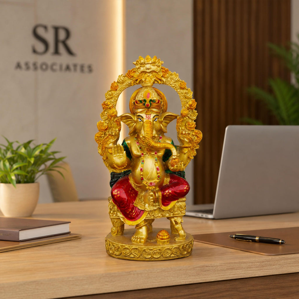Gold Lord Ganesha Idol for Home Mandir Decor | 10 Inch Lacquer Coated Resin Ganpati Statue on Throne | Vinayaka Murti