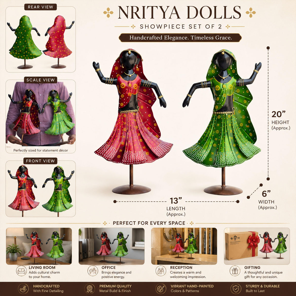 Nritya Dolls Showpiece Set of 2 for Home Decor | Large 20 Inch Wrought Iron Folk Dancer Figurines | Hand Painted Metal