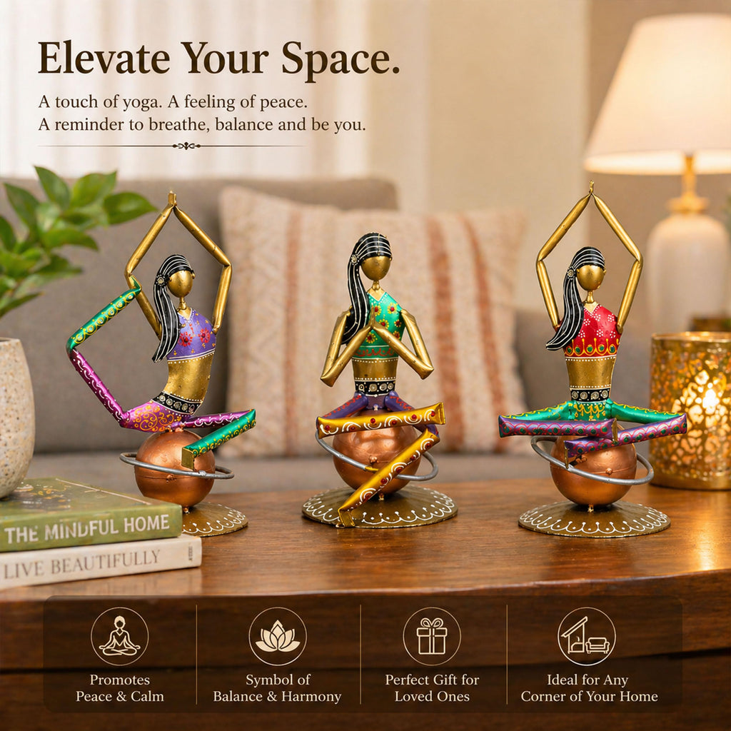 Set of 3 Yoga Lady Figurines – Handmade Iron Metal Showpieces for Home, Living Room, Office & Meditation Decor