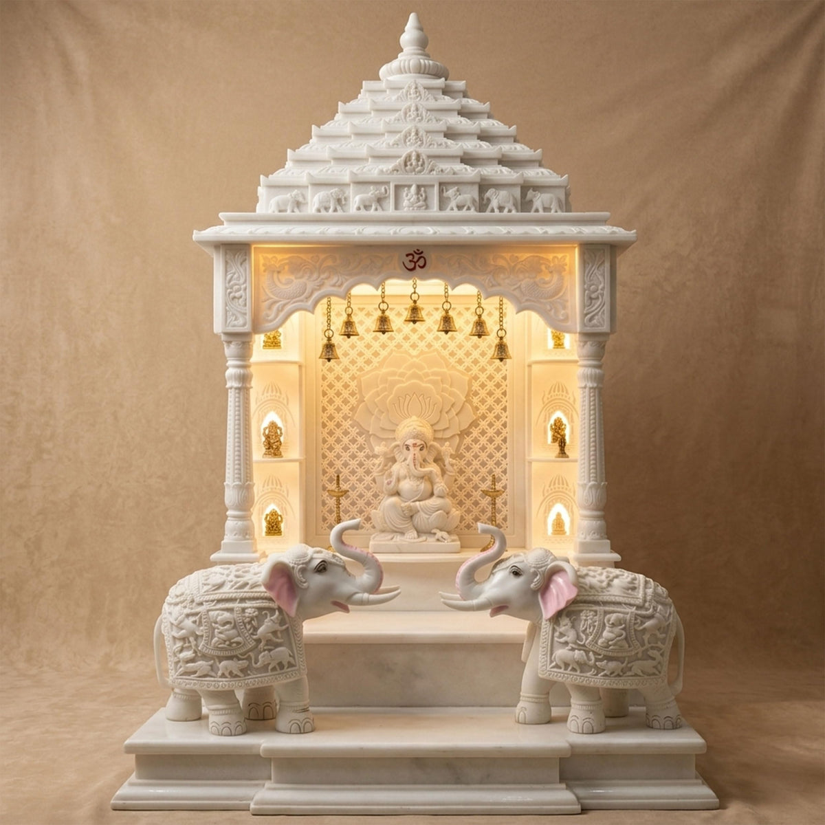 Heavy White Elephant Pair for Mandir Base & Home Temple Decor | 8x9 inch Solid Marble Dust Resin Elephant Statues for
