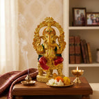 Gold Lord Ganesha Idol for Home Mandir Decor | 10 Inch Lacquer Coated Resin Ganpati Statue on Throne | Vinayaka Murti for Pooja Room Office Diwali Gift