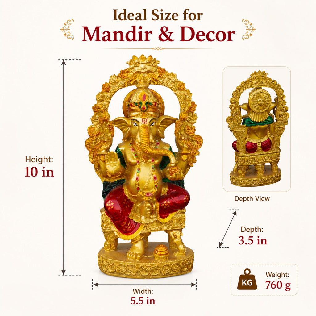 Gold Lord Ganesha Idol for Home Mandir Decor | 10 Inch Lacquer Coated Resin Ganpati Statue on Throne | Vinayaka Murti