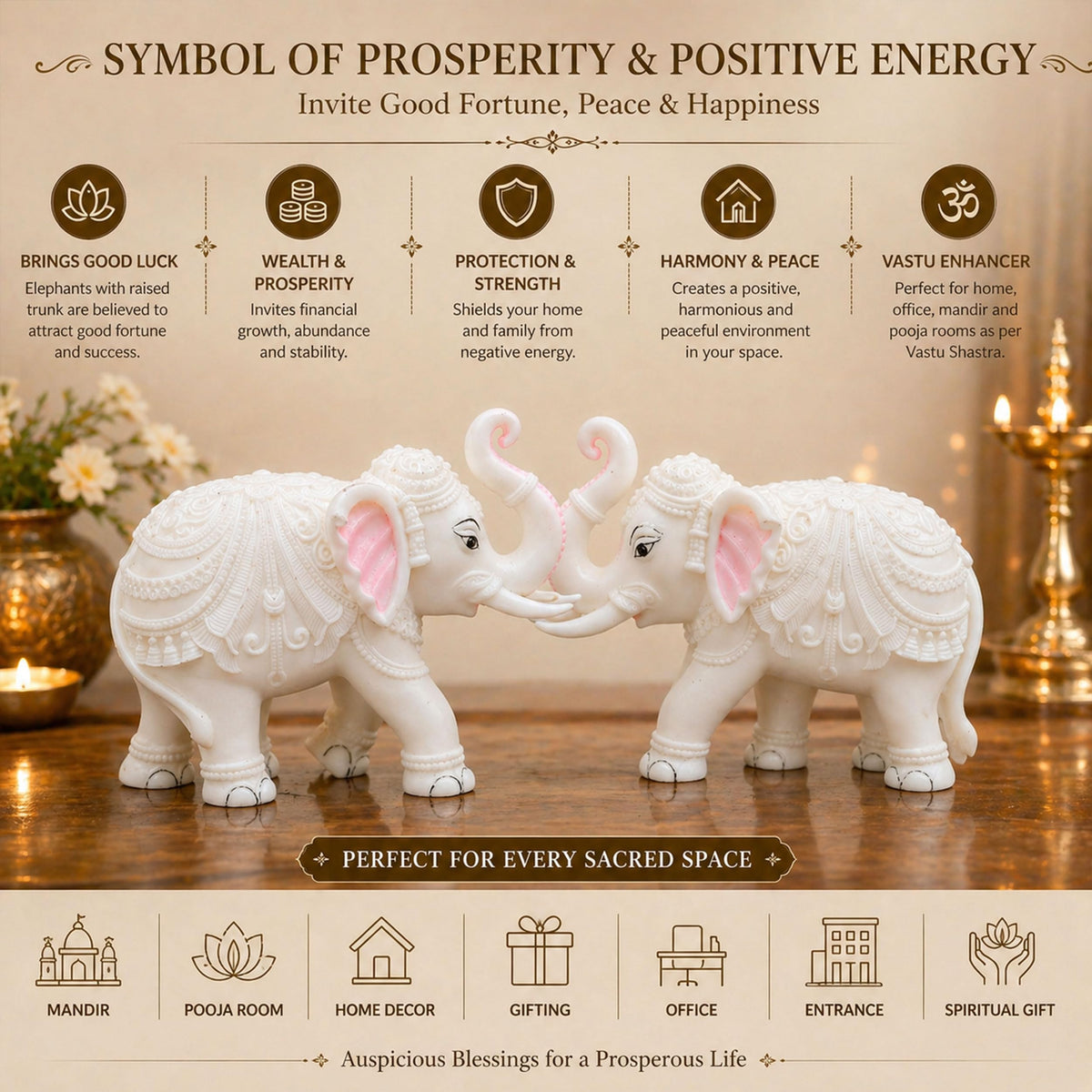 Heavy White Elephant Pair for Mandir Base & Home Temple Decor | 8x10.5 inch Solid Marble Dust Resin Elephant Statues