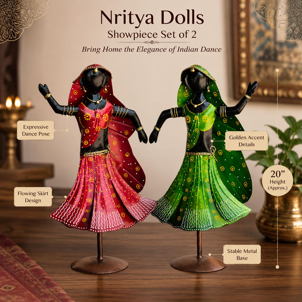 Nritya Dolls Showpiece Set of 2 for Home Decor | Large 20 Inch Wrought Iron Folk Dancer Figurines | Hand Painted Metal