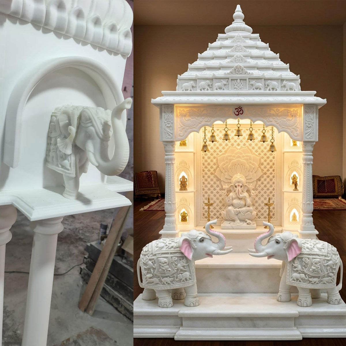 Heavy White Elephant Pair for Mandir Base & Home Temple Decor | 8x9 inch Solid Marble Dust Resin Elephant Statues for