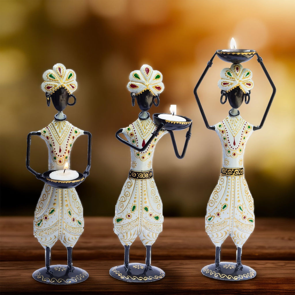 Traditional Tribal Tealight Holder Showpieces – Handmade Ethnic Decor for Home, Diwali, Wedding, Festivals