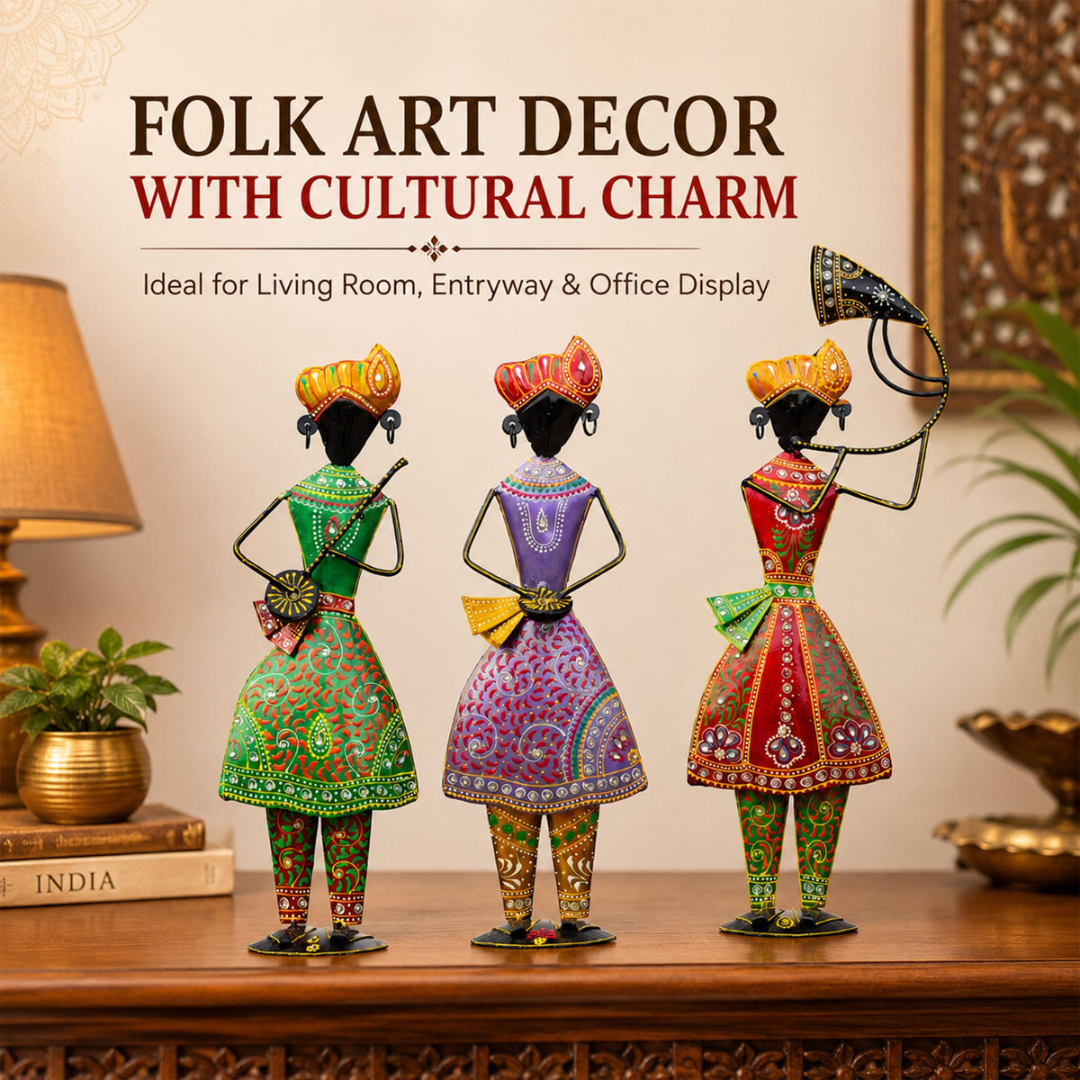 Turahi Tutari Musician Showpiece Set of 3 for Home Decor | 21 Inch Iron Metal Maharashtra Folk Artist Statue Set |