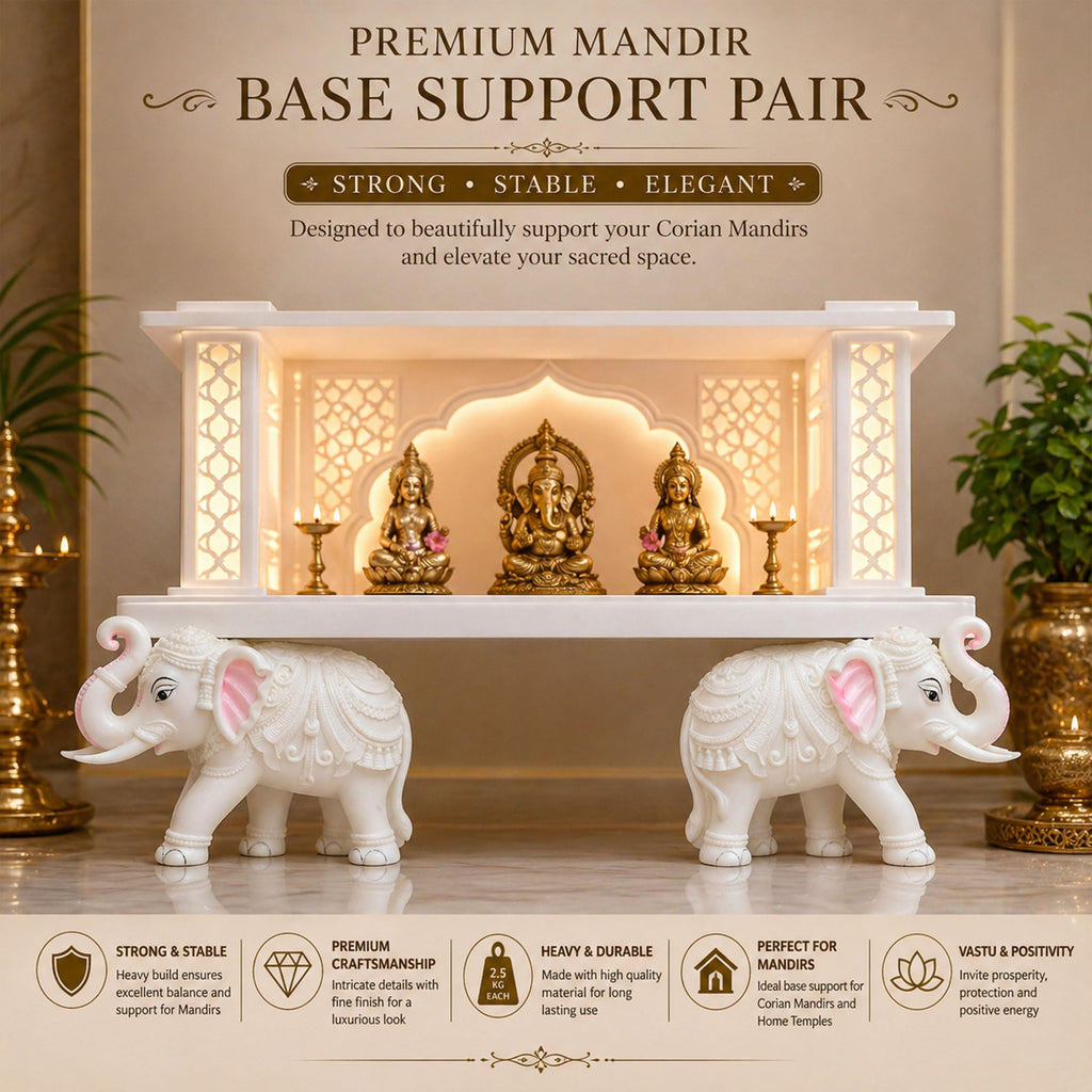 Heavy White Elephant Pair for Mandir Base & Home Temple Decor | 8x10.5 inch Solid Marble Dust Resin Elephant Statues
