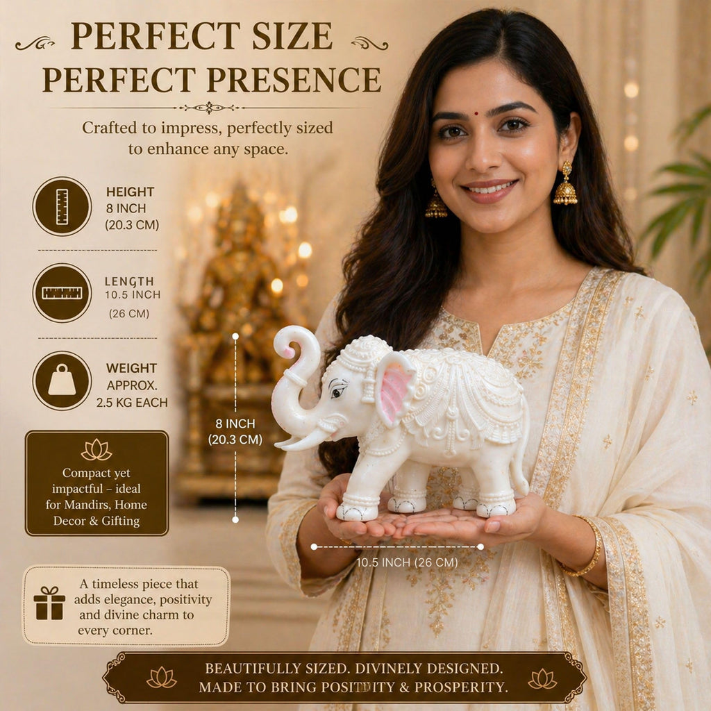 Heavy White Elephant Pair for Mandir Base & Home Temple Decor | 8x10.5 inch Solid Marble Dust Resin Elephant Statues