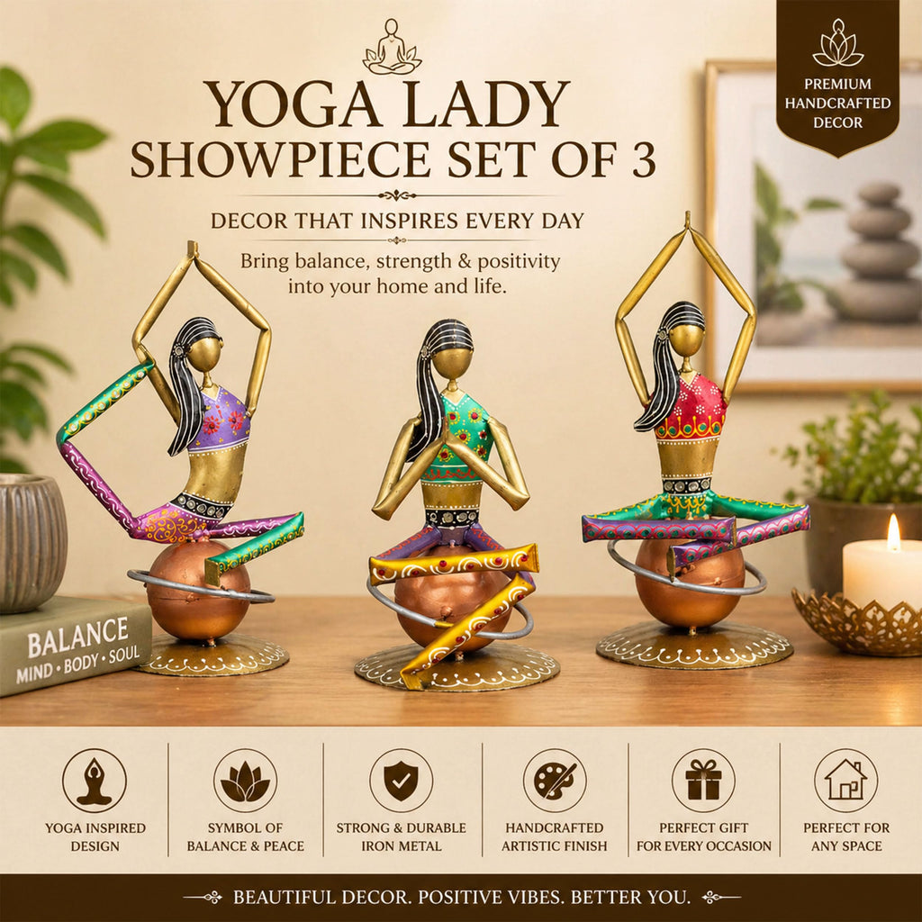 Set of 3 Yoga Lady Figurines – Handmade Iron Metal Showpieces for Home, Living Room, Office & Meditation Decor