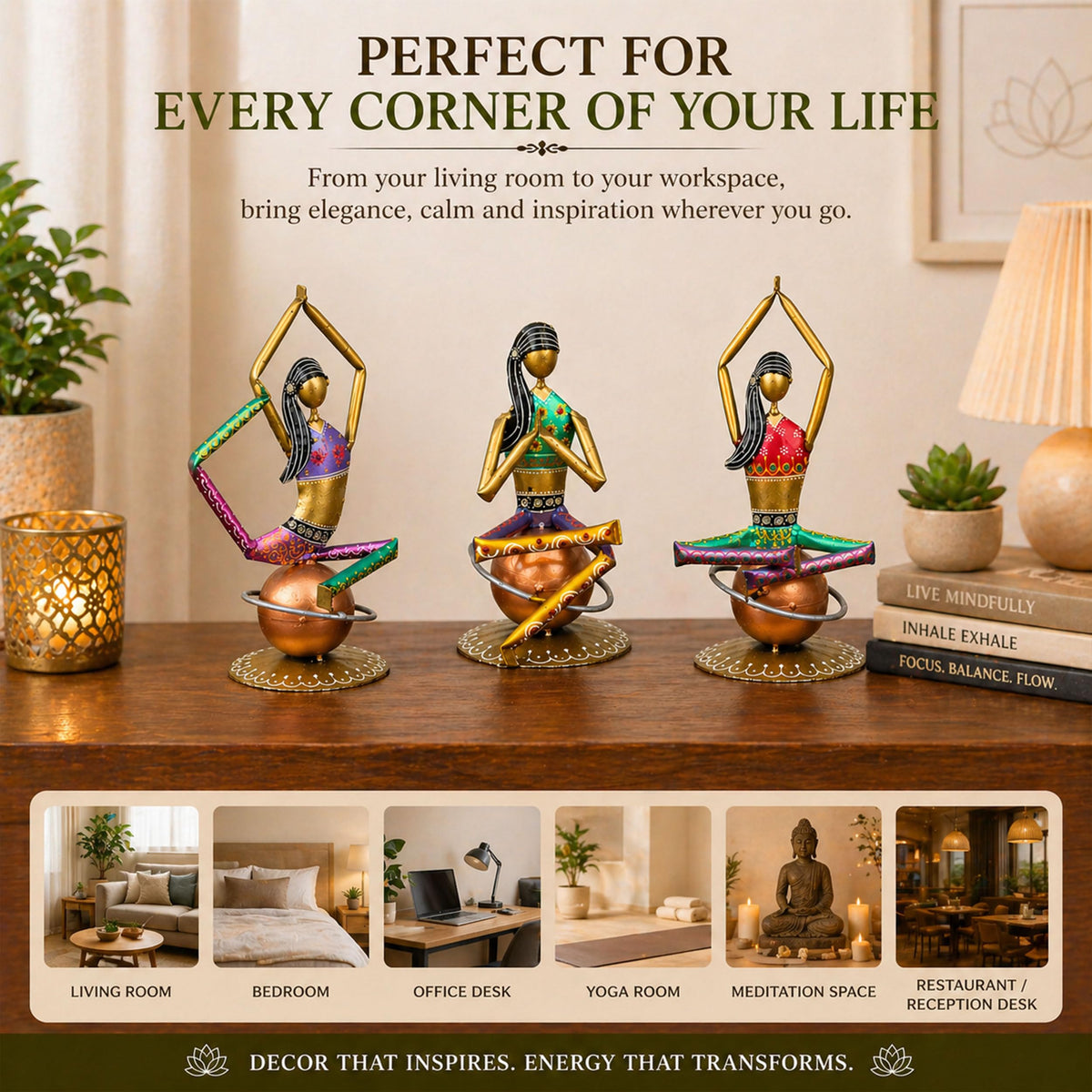 Set of 3 Yoga Lady Figurines – Handmade Iron Metal Showpieces for Home, Living Room, Office & Meditation Decor