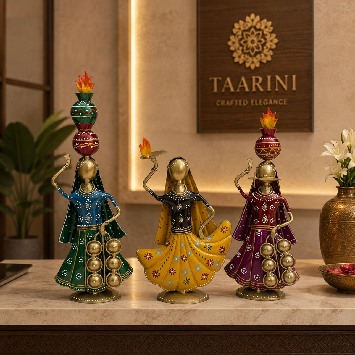Terah Taali Dance Doll Showpiece Set of 3 for Home Decor | 13 Inch Iron Metal Rajasthani Folk Dancer Figurines | Hand