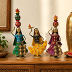 Terah Taali Dance Doll Showpiece Set of 3 for Home Decor | 13 Inch Iron Metal Rajasthani Folk Dancer Figurines | Hand Painted Tabletop Statue Gift