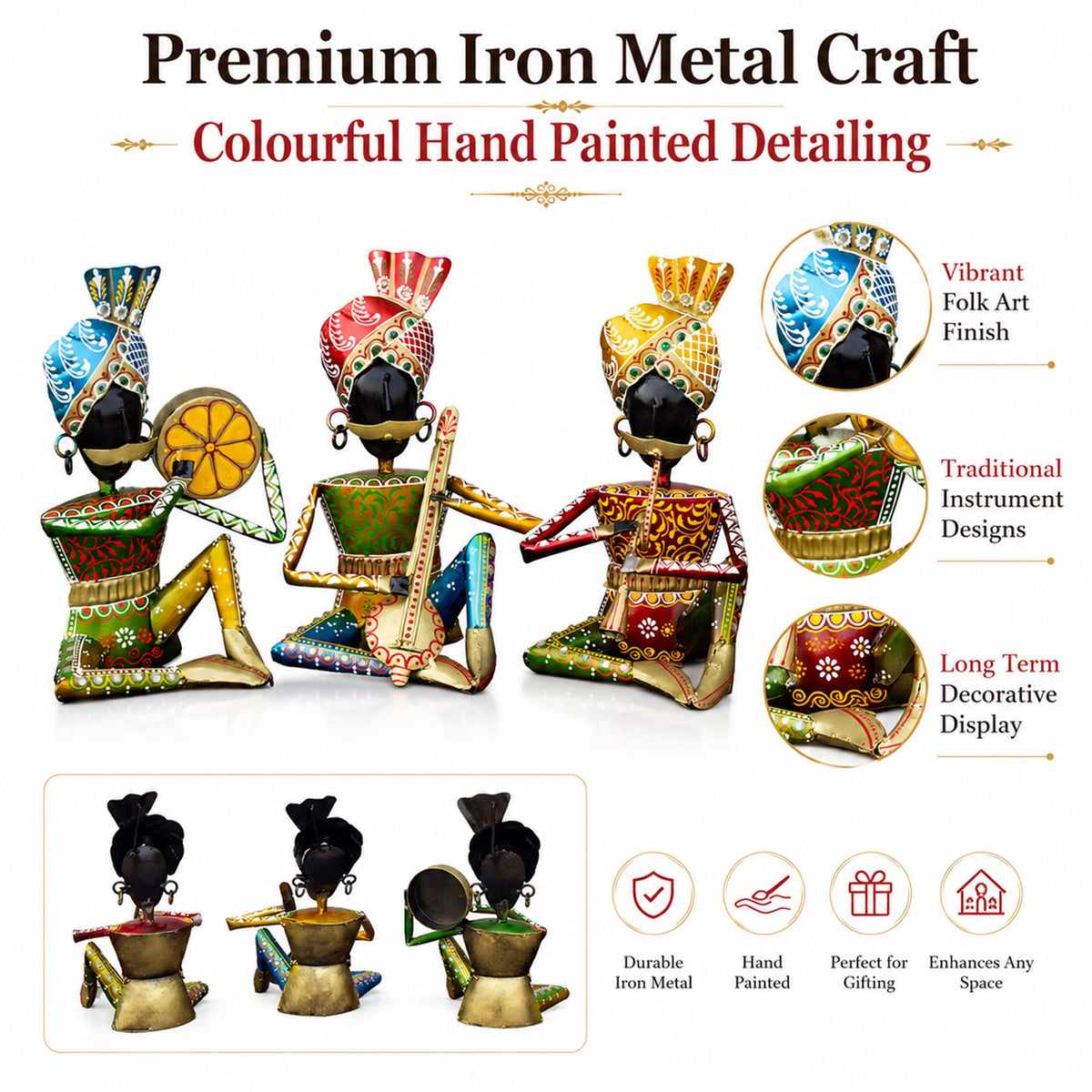 Rajasthani Bawla Musician Showpiece Set of 3 for Home Decor | Iron Metal Folk Artist Statue with Instruments | Hand