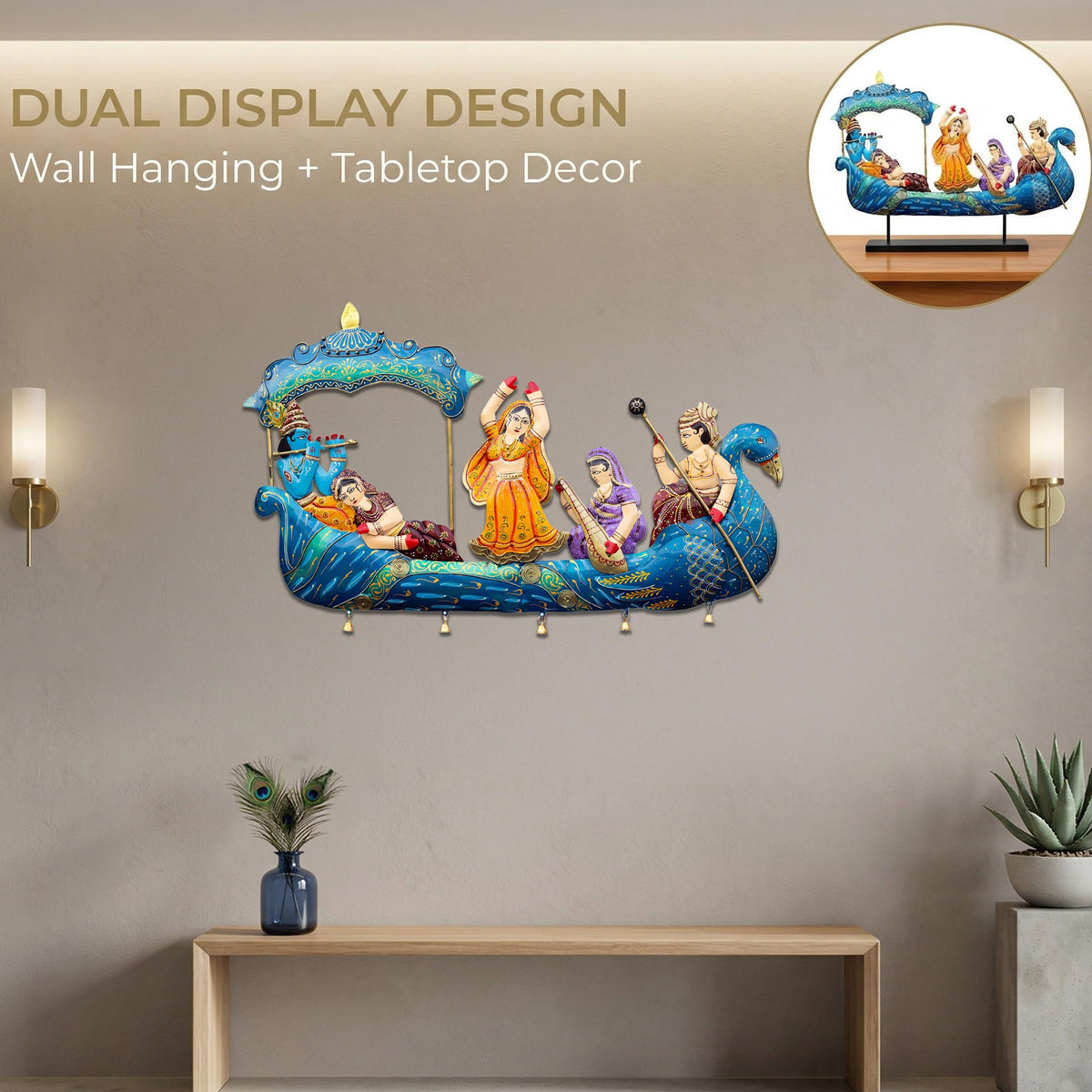 Radha Krishna Nauka Vihar Showpiece for Home Decor Wall Hanging & Tabletop | Metal Peacock Boat Raas Leela Statue with