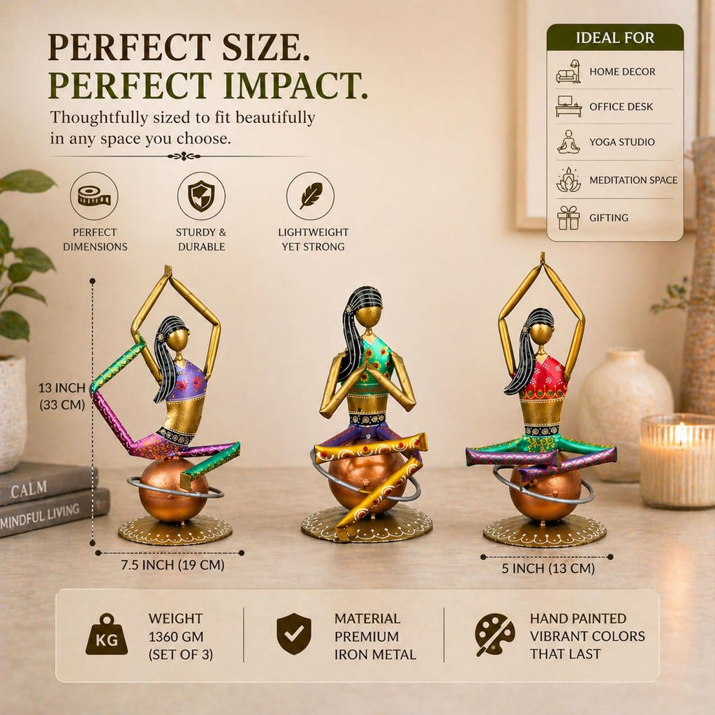 Set of 3 Yoga Lady Figurines – Handmade Iron Metal Showpieces for Home, Living Room, Office & Meditation Decor