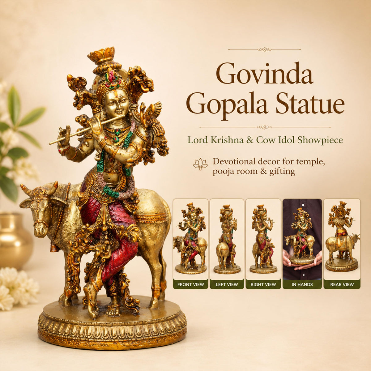 Govinda Gopala Statue, Lord Krishna and Cow Idol Showpiece