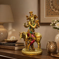 Govinda Gopala Statue, Lord Krishna and Cow Idol Showpiece, 10 Inch Double Coated Resin Antique Decorative Murti for Home Temple, Pooja Room & Gift